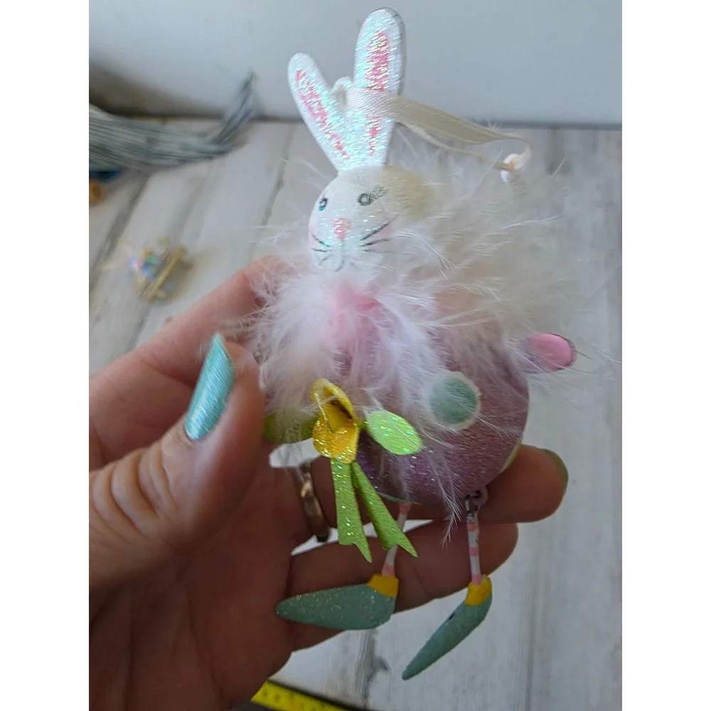 Vintage Pier 1 Easter glitter bunny metal ornament rabbit spring flower decor